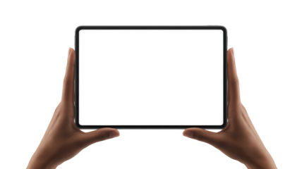 Hands holding a modern digital tablet with blank white screen isolated on transparent background