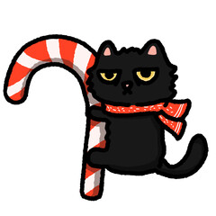 Cartoon Black Cat Hug The Candy Cane.