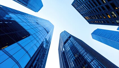 Low-angle shot of several modern, towering skyscrapers reaching towards a bright blue sky