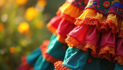 Close up view of ruffled layers of a vibrant Hispanic Heritage month dress. Colorful fabric frills with lace trim suggest folk dance attire. Festive garment details with intricate embroidery.