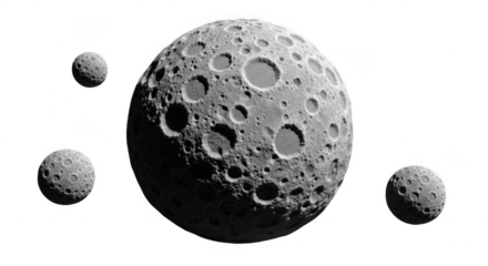 Four moons of different sizes floating in space with craters and a rocky surface, isolated on transparent background