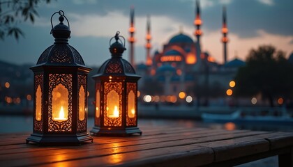 Fototapeta premium Two illuminated lanterns on wooden table, mosque background at dusk. Evening light glows on water reflecting city lights. Peaceful, warm atmosphere.