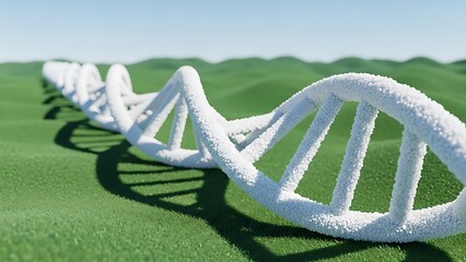 DNA strand model on green landscape, representing genetics and scientific concepts
