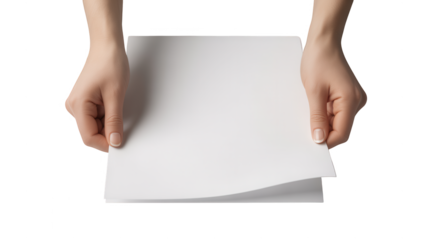 Hands holding blank white paper sheet isolated on transparent background