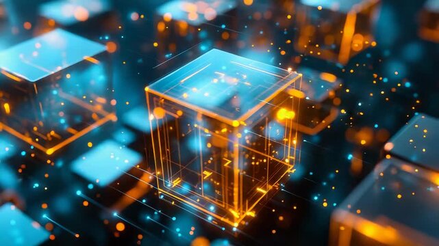 Blockchain connecting digital data cubes with glowing lines