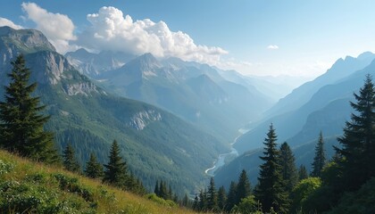 Fototapeta premium Vast mountain range with green forested slopes and a winding river. Clear blue sky with fluffy clouds above. Pine trees frame foreground meadow.