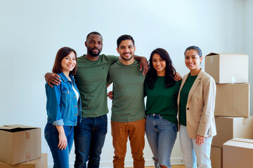 Group of diverse young adults standing together smiling in front of stacked cardboard boxes, showing camaraderie and teamwork during moving or relocation process