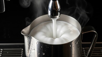 Close up of espresso machine spout pouring hot steamed milk into stainless steel pitcher.