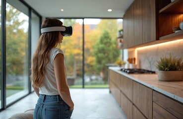 Woman wears VR headset in modern kitchen. She interacts with virtual environment, exploring digital culinary world. Future tech blends with home cooking and lifestyle experiences.