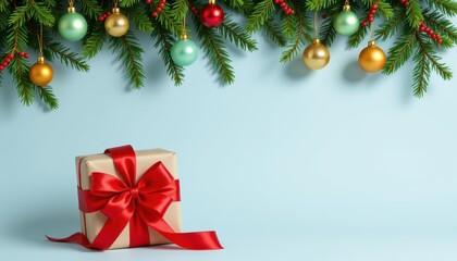 Festive Christmas Scene with Colorful Ornaments and Presents on a Light Blue Background