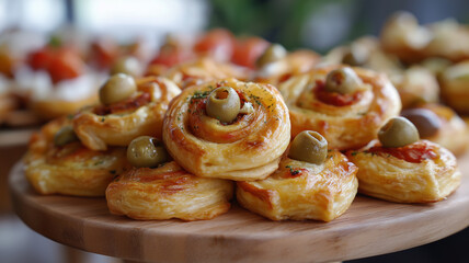 Golden puff pastry pinwheels with feta and olives make a tempting treat for gatherings Generative AI