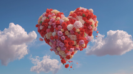 A heart crafted from vibrant flowers drifts gently among soft clouds in a clear blue sky Generative AI