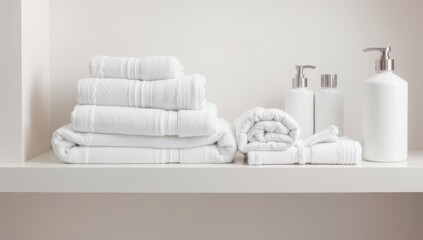 Neatly folded towels and bath products on a white shelf, clean and fresh spa aesthetic for product display Generative AI