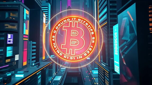 Animated Bitcoin symbol in a futuristic cyberpunk city. Glowing neon cryptocurrency logo floating between skyscrapers at night. Digital finance and blockchain technology concept