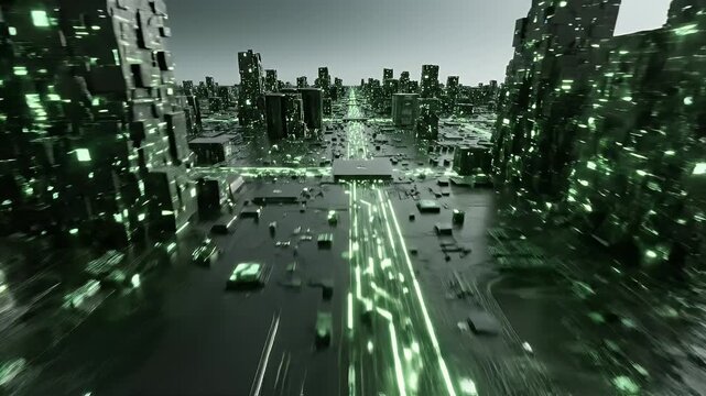 Futuristic circuit board city with glowing green lights and technology.