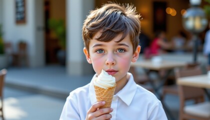 Young Boy Enjoying Ice Cream Cone on a Sunny Day in a Cafe with Outdoor Seating and Soft Focus Background