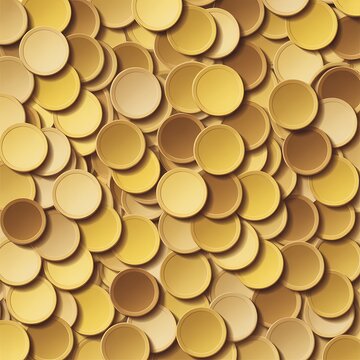Gold coins seamless pattern: An eye-level, detailed, and visually appealing image showcases a generous scattering of gold coins, offering a sense of abundance and prosperity. The arrangement.
