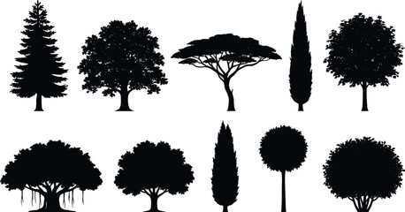 Tree silhouette collection for nature design, diverse botanical shapes illustration, forest and garden elements artwork featuring various tree species for landscaping projects