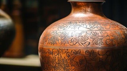 unstylish. Copper vessel with intricate Ottoman floral patterns, detailed metalwork close-up. event programs, museum guides, designed for cultural heritage projects and event programs.