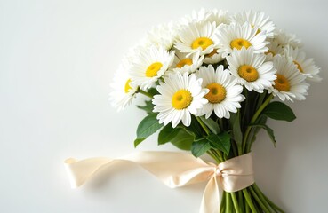 Obraz premium Bouquet of white daisies with yellow centers tied with a cream ribbon on a clean white background. Fresh floral arrangement has ample copy space for text.