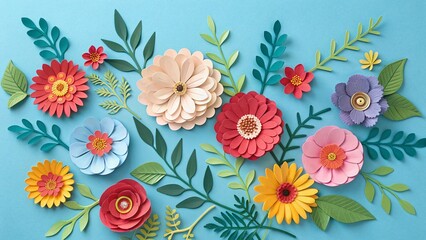 top view of colorful paper cut flowers with green leaves on blue background with copy space
