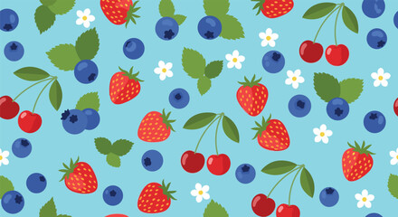A cute and colorful seamless pattern of summer berries, including strawberries, blueberries, and cherries, on a blue background.
