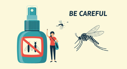 An informational poster warning to be careful of mosquitoes, featuring repellent spray, a person, and an insect illustration.