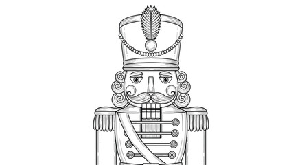 Fototapeta premium A detailed black and white line art illustration of a traditional Christmas nutcracker soldier with a mustache and tall hat.