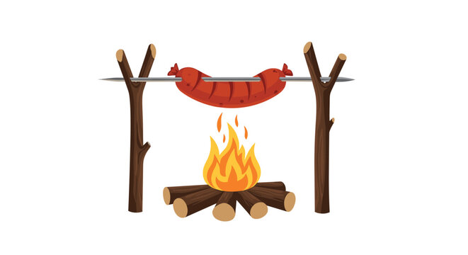 A juicy sausage roasting on a metal skewer over a crackling campfire with burning logs, isolated on a white background.
