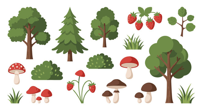 A charming collection of flat design forest elements, including various trees, bushes, mushrooms, and wild strawberry plants.