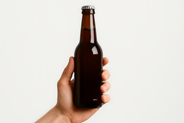 A hand holding a plain brown glass beer bottle with a silver cap against a smooth white backdrop ideal for product label design presentations mockup