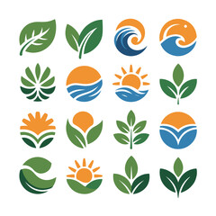 Nature Icon Set with Leaves Waves and Sun Symbols
