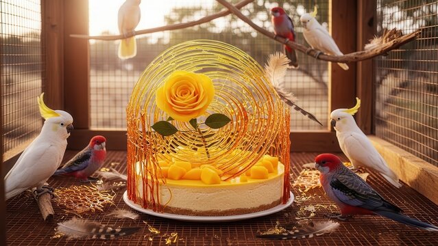 Mango cheesecake under a golden sugar cage decoration, surrounded by cockatoos and other exotic birds in an aviary setting