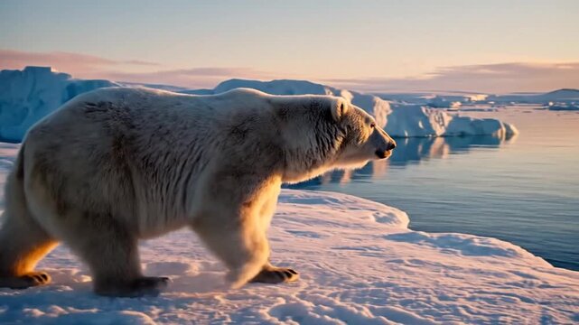 A majestic white bear strides across an icy expanse with icebergs in the background
