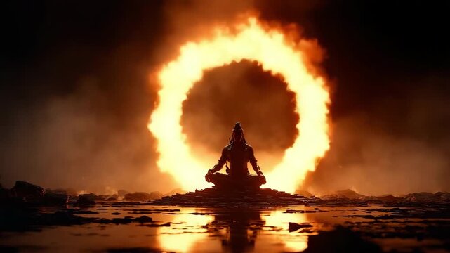 Lord shiva meditating in fiery aura. conveys spirituality, inner strength, transformation, and cosmic energy.