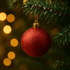 Red Glitter Christmas Ornament Hanging on Tree with Warm Bokeh Lights