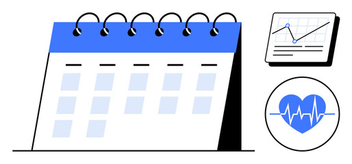 Desk calendar with marked dates, a health heartbeat icon, and a growth analytics chart. Ideal for scheduling, healthcare, fitness tracking, time tracking, business growth, personal organization