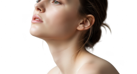 Closeup portrait of a young woman with smooth skin looking upwards with a serene expression isolated on transparent background