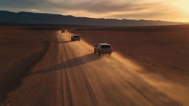 Desert road convoy at sunset aerial footage.