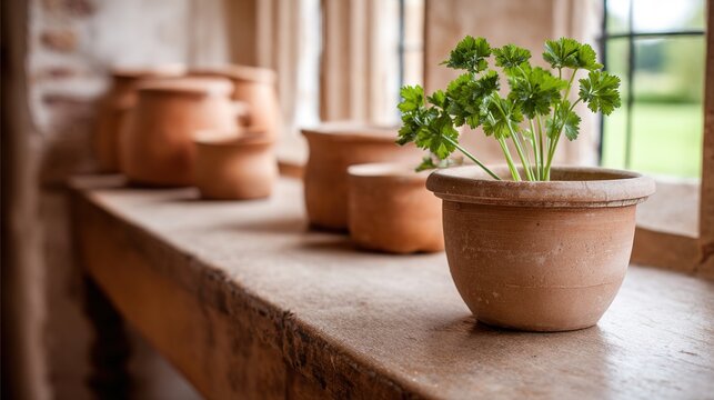 lovage. A potted lovage plant on a sunny windowsill in a rustic kitchen, warm and inviting atmosphere. gardening catalogs, home-decor guides, designed for home decor and floral branding. - Powered by Adobe