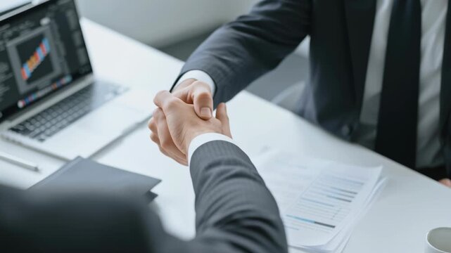 Business project marketing strategy, HR recruitment, teamwork development, relationship, professional training. Agreement and deal-making in an office setting with laptop meetings, partnership