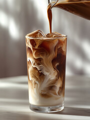 Ice Latte. Pouring milk in to the tall glass of ice latte. Food photography. Coffee with milk.