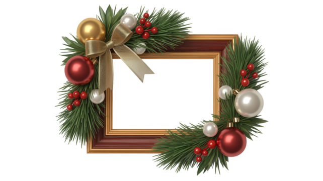 Christmas photo frame decorated with fir branches, red and gold baubles, silver ornaments, and a beige bow isolated on transparent background - Powered by Adobe