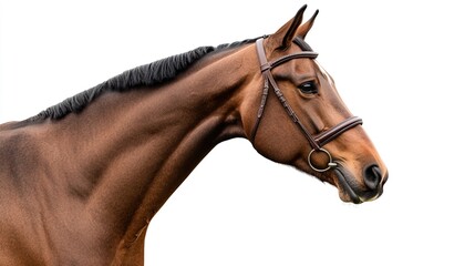 Obraz premium horsepower. Majestic bay horse in profile against a clean white background. wildlife magazines, conservation campaigns, designed for wildlife conservation campaigns, promotes animal welfare.