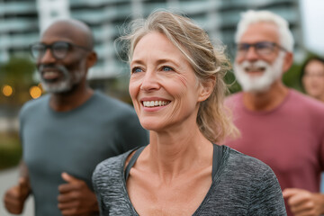 A group of active adults jogging outdoors, smiling and energized, enjoying a healthy lifestyle together in a bright and motivating urban environment.
