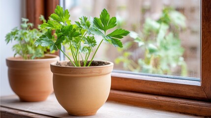 lovage. A potted lovage plant on a sunny windowsill in a rustic kitchen, warm and inviting atmosphere. gardening catalogs, home-decor guides, designed for home decor and floral branding.