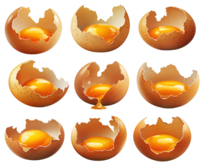Close-up of cracked brown egg with yolk inside eggshell, isolated on white transparent background.