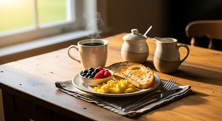 Cozy morning breakfast with coffee toast fruit and scrambled eggs