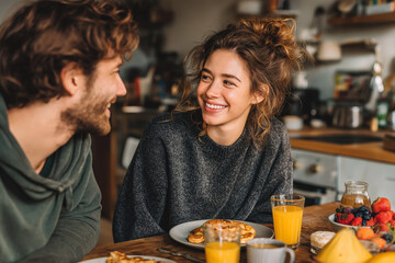 A young couple enjoys a cozy breakfast together, smiling warmly at each other in a relaxed kitchen setting filled with pastries, fruit, and fresh orange juice.