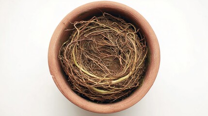 constriction. A root-bound plant in a terracotta pot, roots circling inside, top-down view. gardening catalogs, home-decor guides, designed for gardening and botanical catalogs.